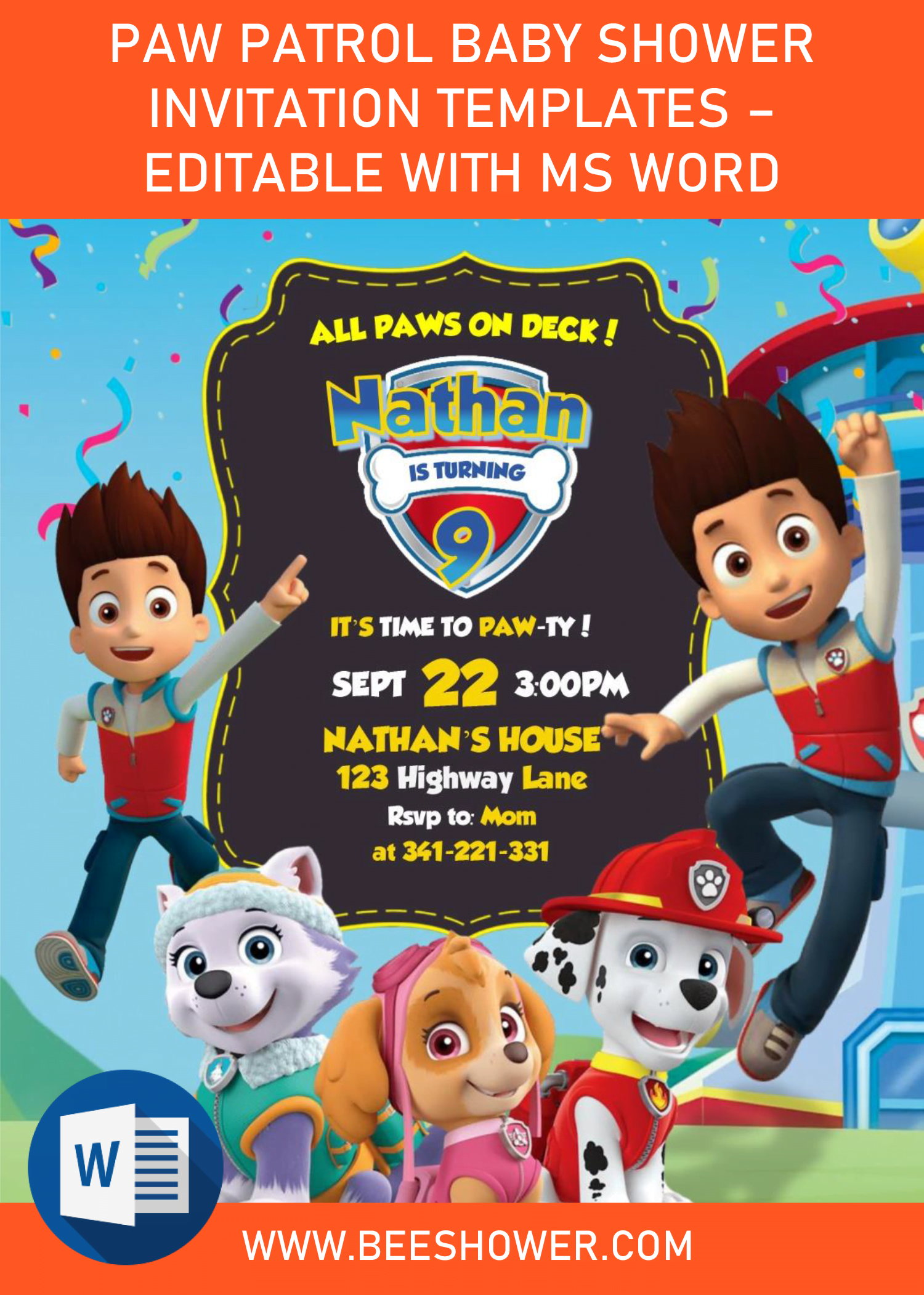 paw patrol baby shower invitation templates – editable with