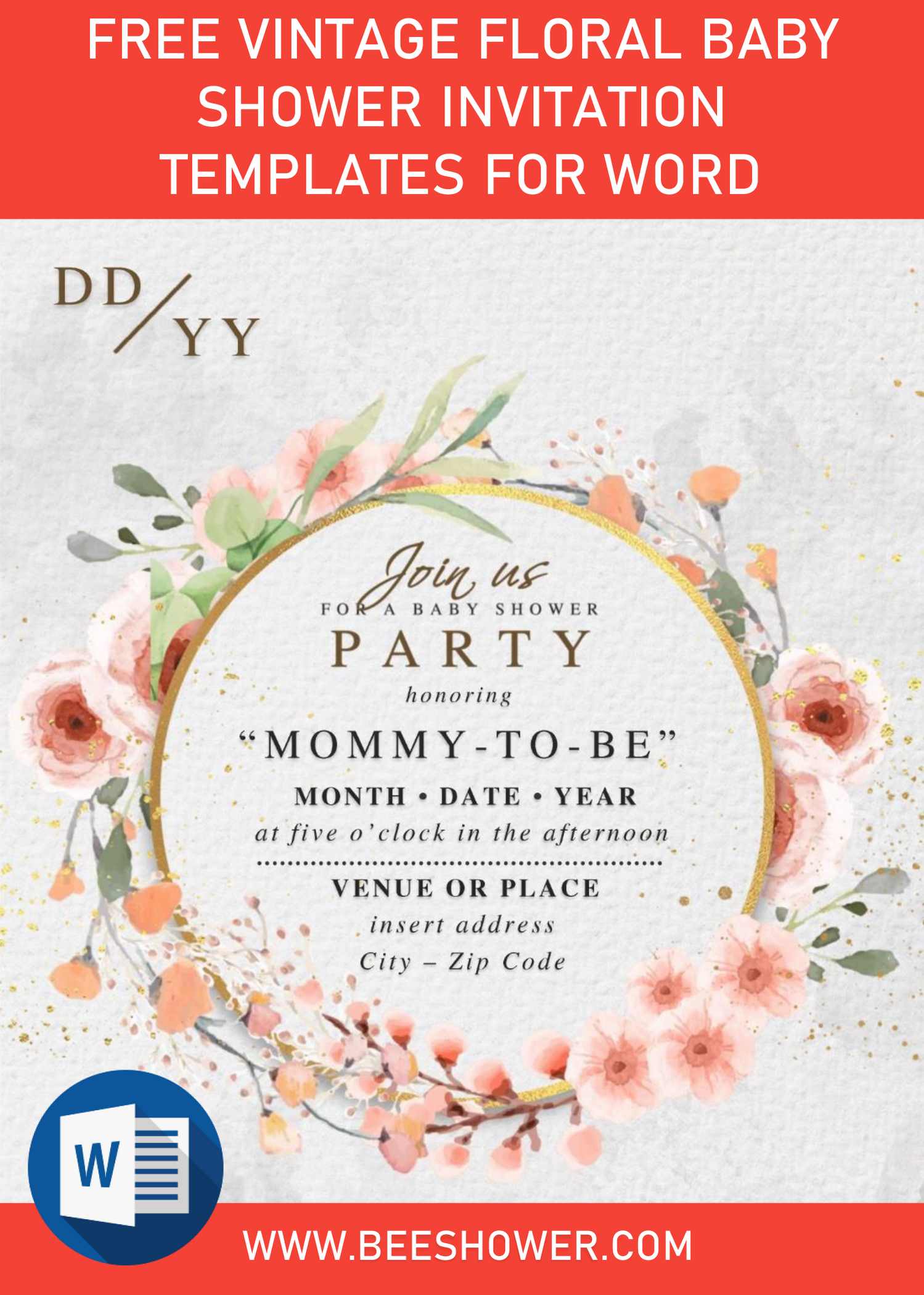 Free Vintage Floral Baby Shower Invitation For Word Free Printable Baby Shower Invitations Templates