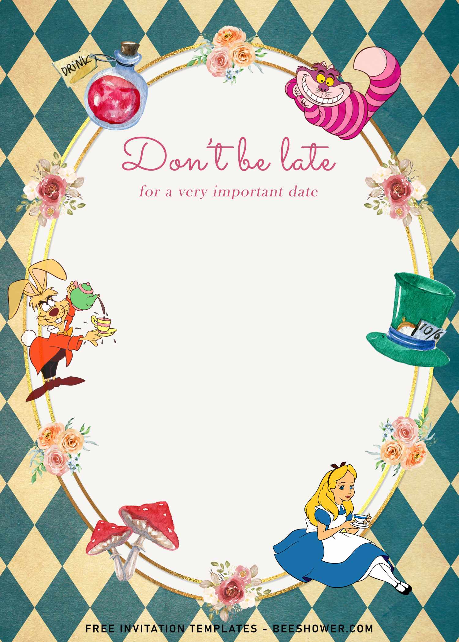 8 Vintage Cute Alice In Wonderland Birthday Invitation Templates FREE Printable Baby Shower